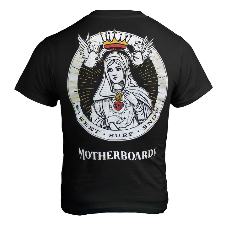 Motherboards Men's Black T-Shirt with Madonna Coronation Back Logo