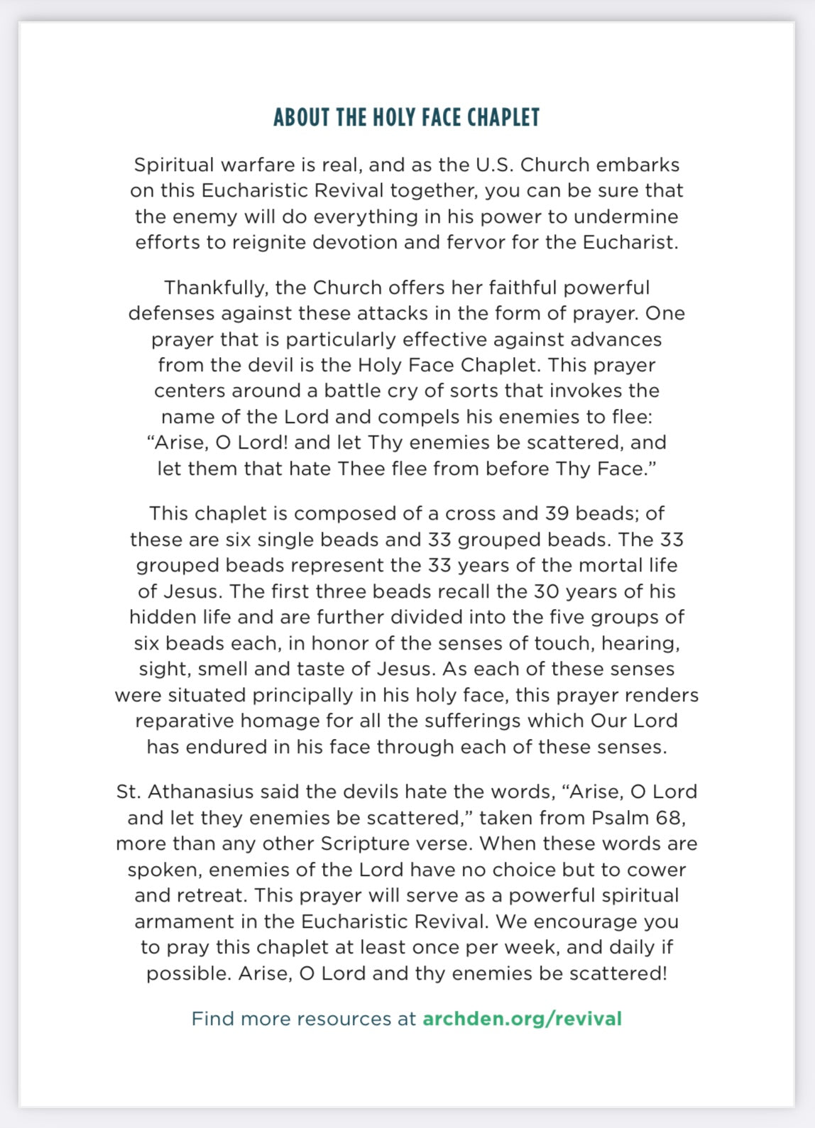 Arise O Lord! Discover the Holy Face Chaplet Holy Card, NEW